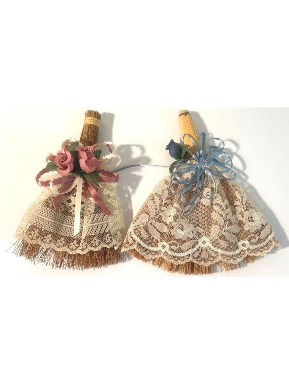 Miniature Victorian Decor Lace Broom Ornaments Pair Ribbon Roses